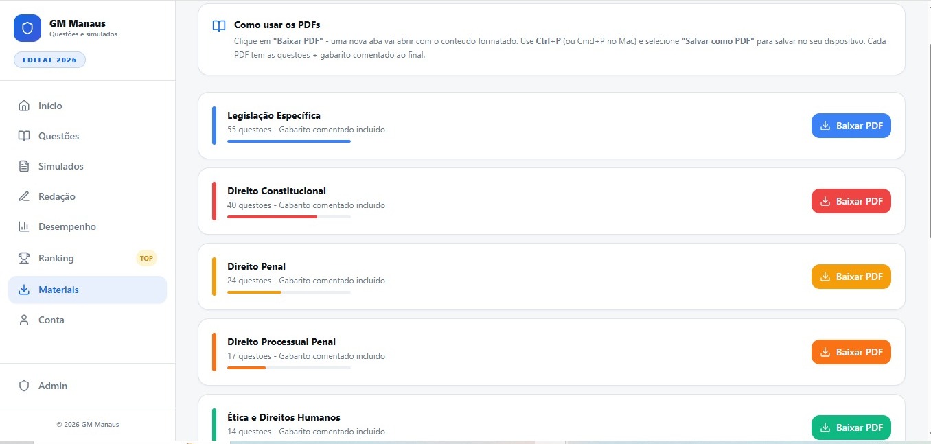 Materiais — PDFs por matéria com gabarito comentado