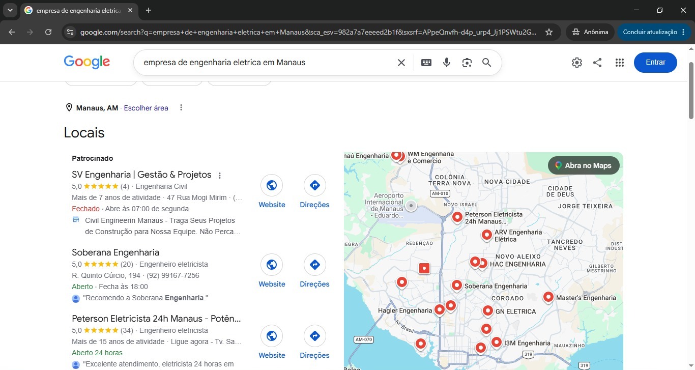 Busca por 'empresa de engenharia elétrica em Manaus' no Google mostrando a Soberana Engenharia disputando as primeiras posições orgânicas, com 5,0 estrelas